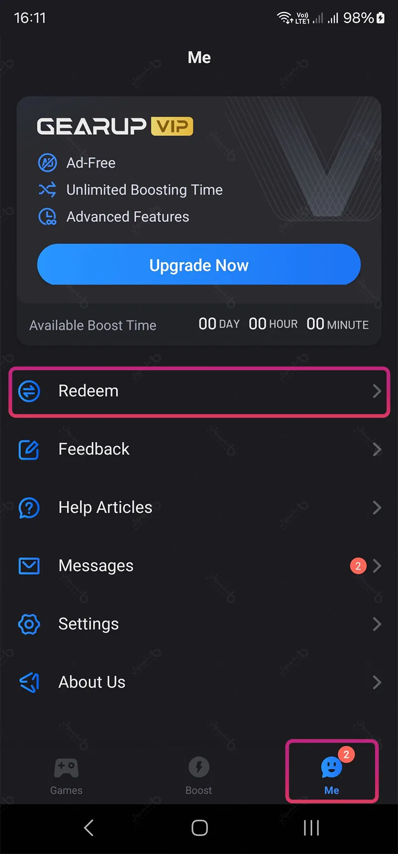 مرحله اول فعال‌سازی کد گیرآپ بوستر موبایل: ورود به بخش Redeem